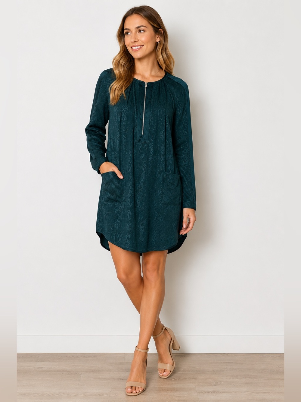 Rebecca Taylor Size 2 Teal Long Sleeve Shift Dress with Front Zip